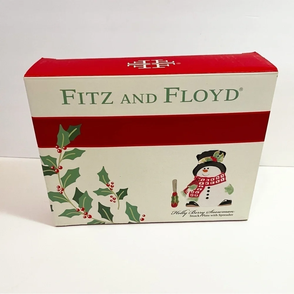 Fitz & Floyd Holly Berry Snowman Snack Plate with Box 7
